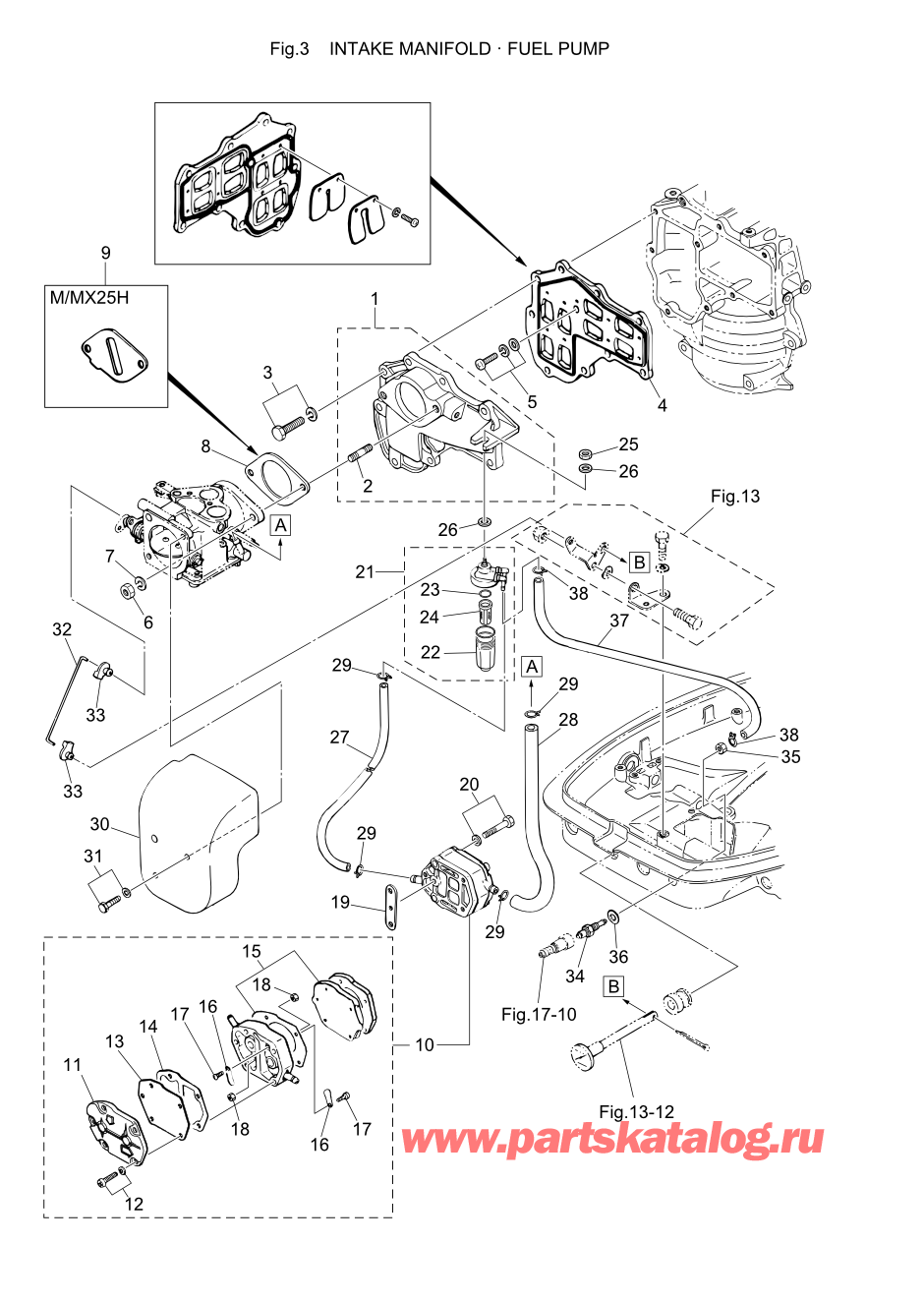 Tohatsu M-25H (002-21025-A) / Fig-03 Впускной коллектор / Топливный насос 