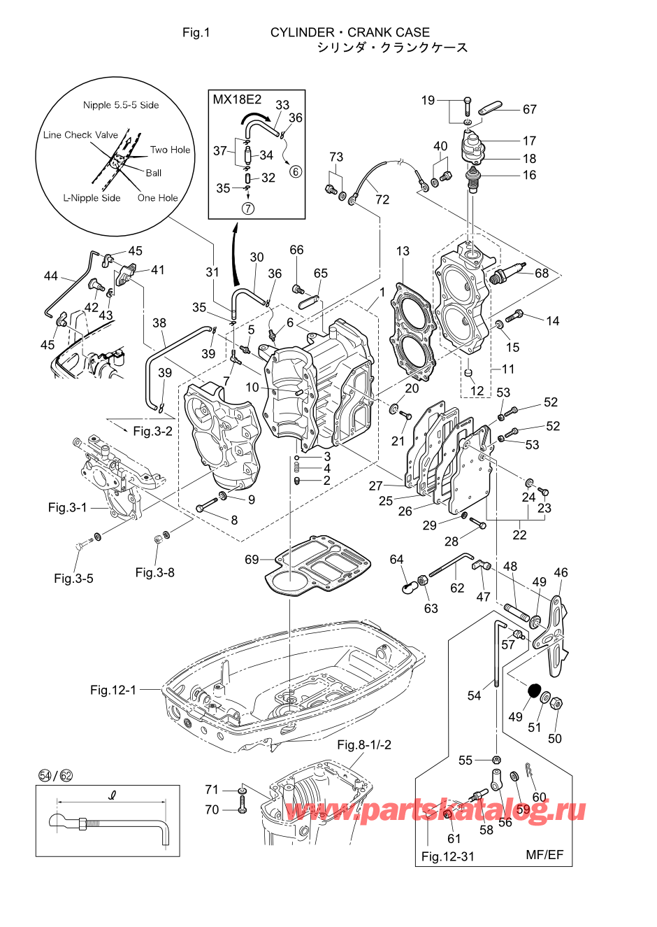 Tohatsu M15D2 (002-21043-9) / Fig.01 Цилиндр / Кривошип Case 