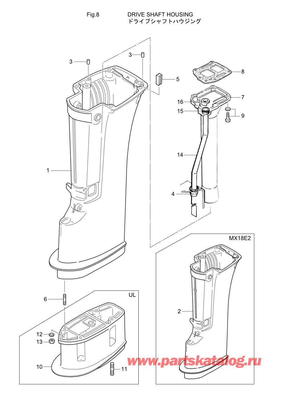 Tohatsu M15D2 (002-21043-9) / Fig.08 Корпус вала передачи 