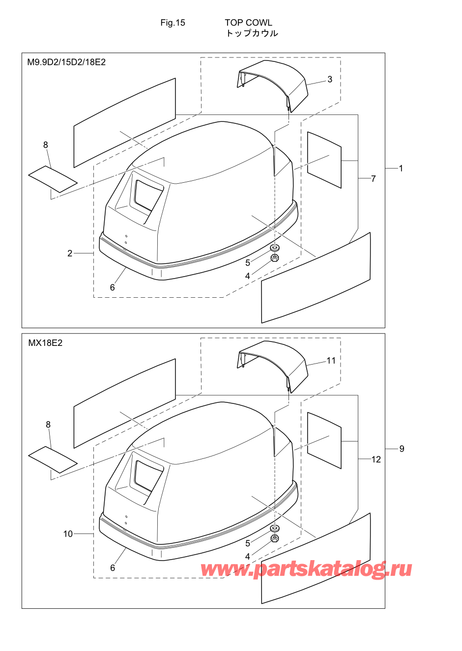 Tohatsu M15D2 (002-21043-9) / Fig.15 Верх капота 