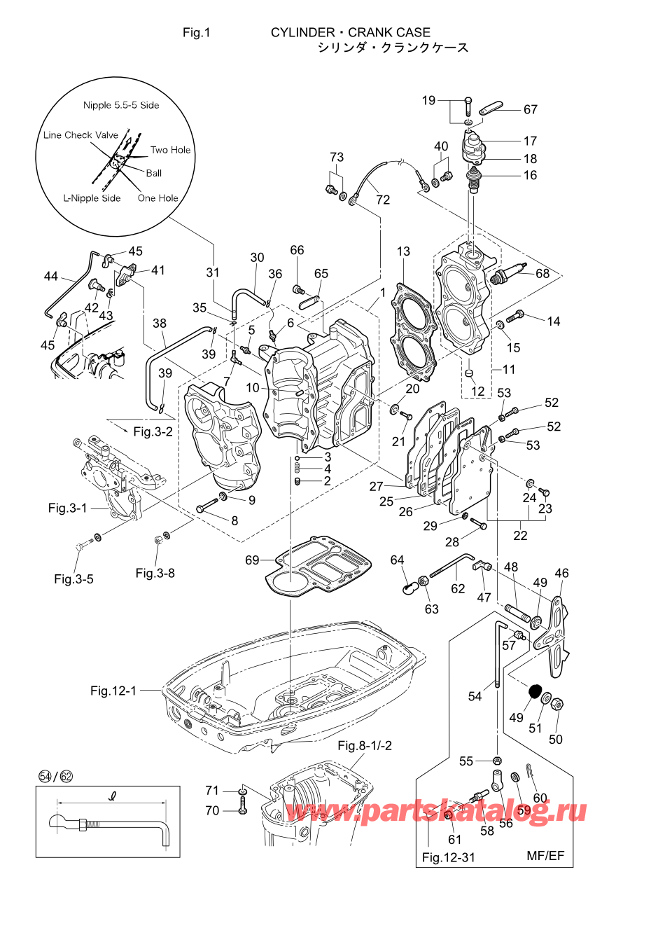 Tohatsu M15D2 (002-21043-A) / Fig.01 Цилиндр / Кривошип Case 