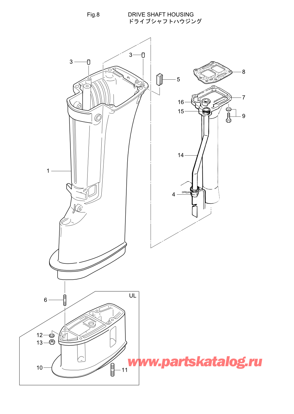 Tohatsu M15D2 (002-21043-A) / Fig.08 Корпус вала передачи 