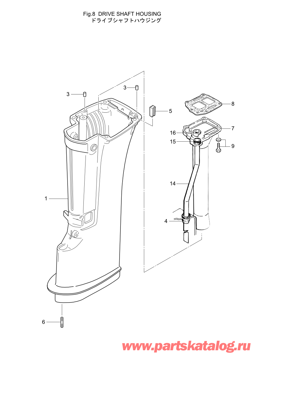 Tohatsu M15D2 (002-21043-0AE) / Fig.08 Корпус вала передачи 