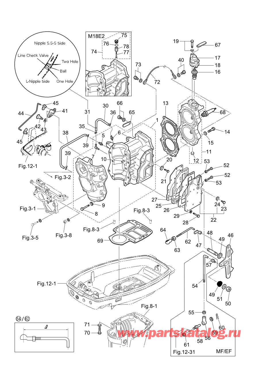 Tohatsu M15D2 (002-21043-0AH) / Fig.01 Цилиндр / Кривошип Case 