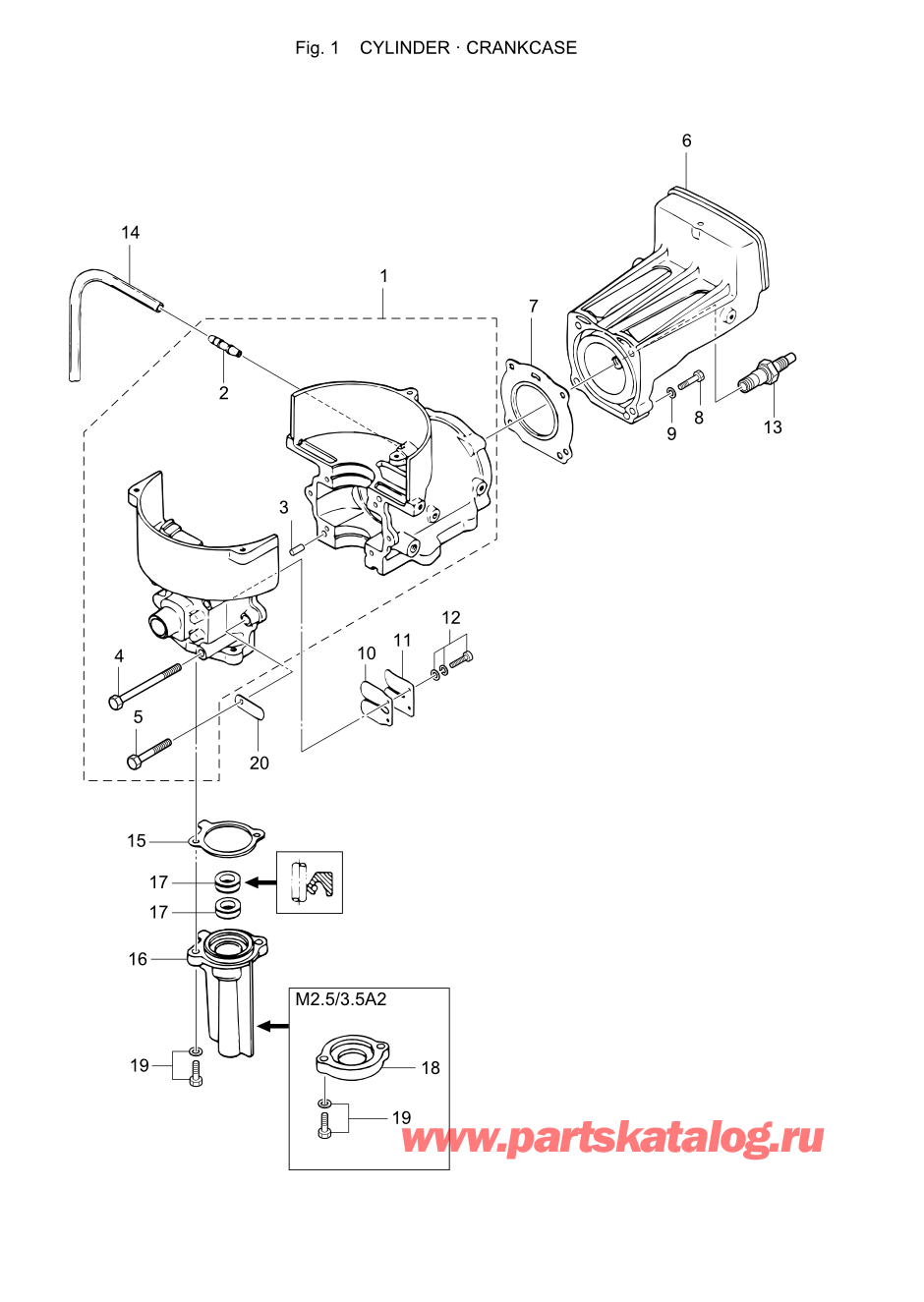 Tohatsu M2.5A2 (002-21040-8) / Fig.01 Цилиндр / Кривошип Case 