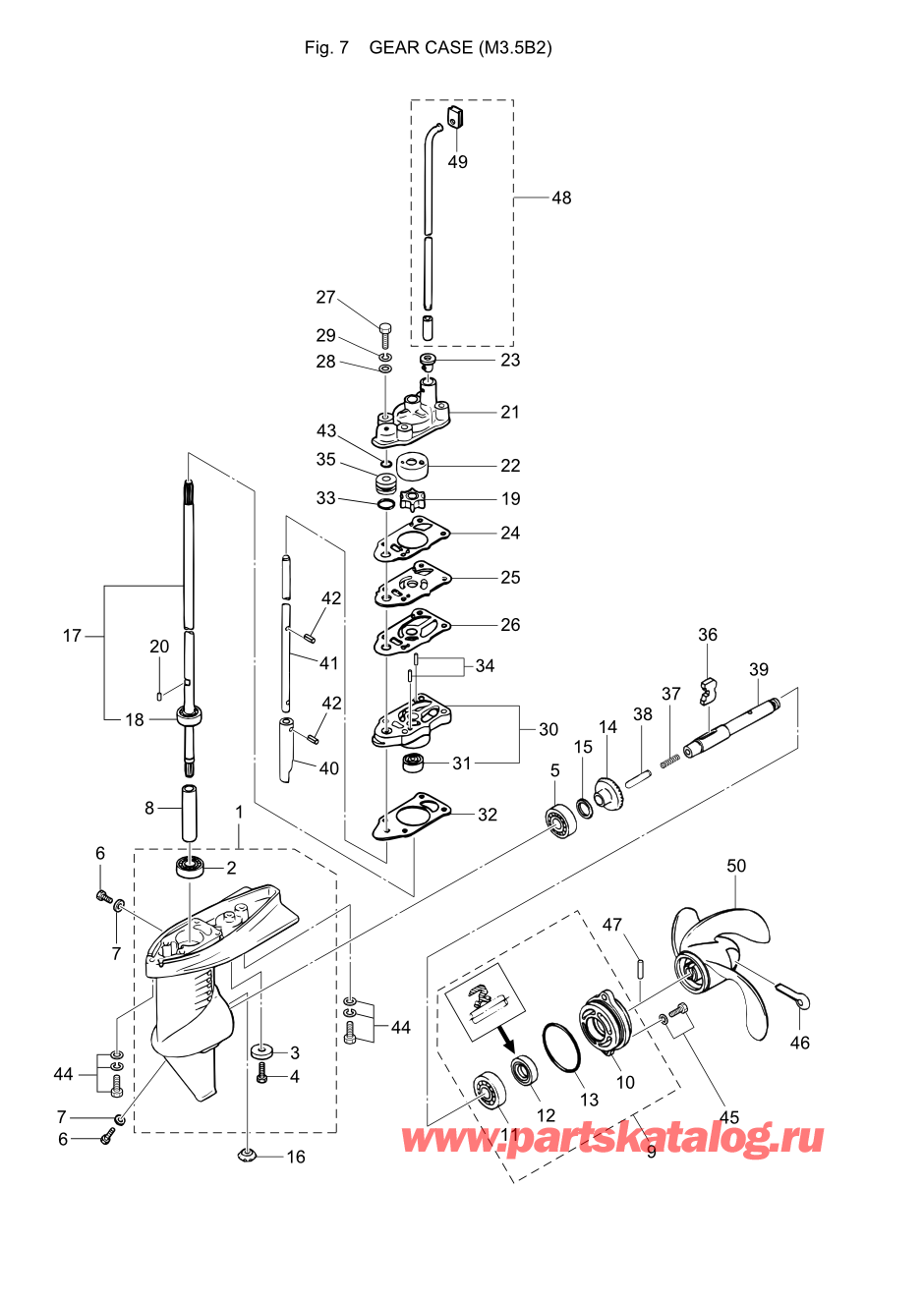 Tohatsu M2.5A2 (002-21040-8) / Fig.07 Картер коробки передач (m3.5b2) 