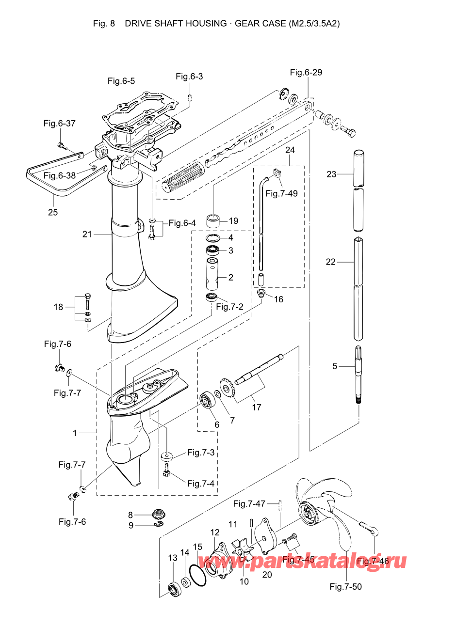 Tohatsu M2.5A2 (002-21040-8) / Fig.08 Корпус вала передачи / Картер коробки передач (m2.5 / 3.5a2) 