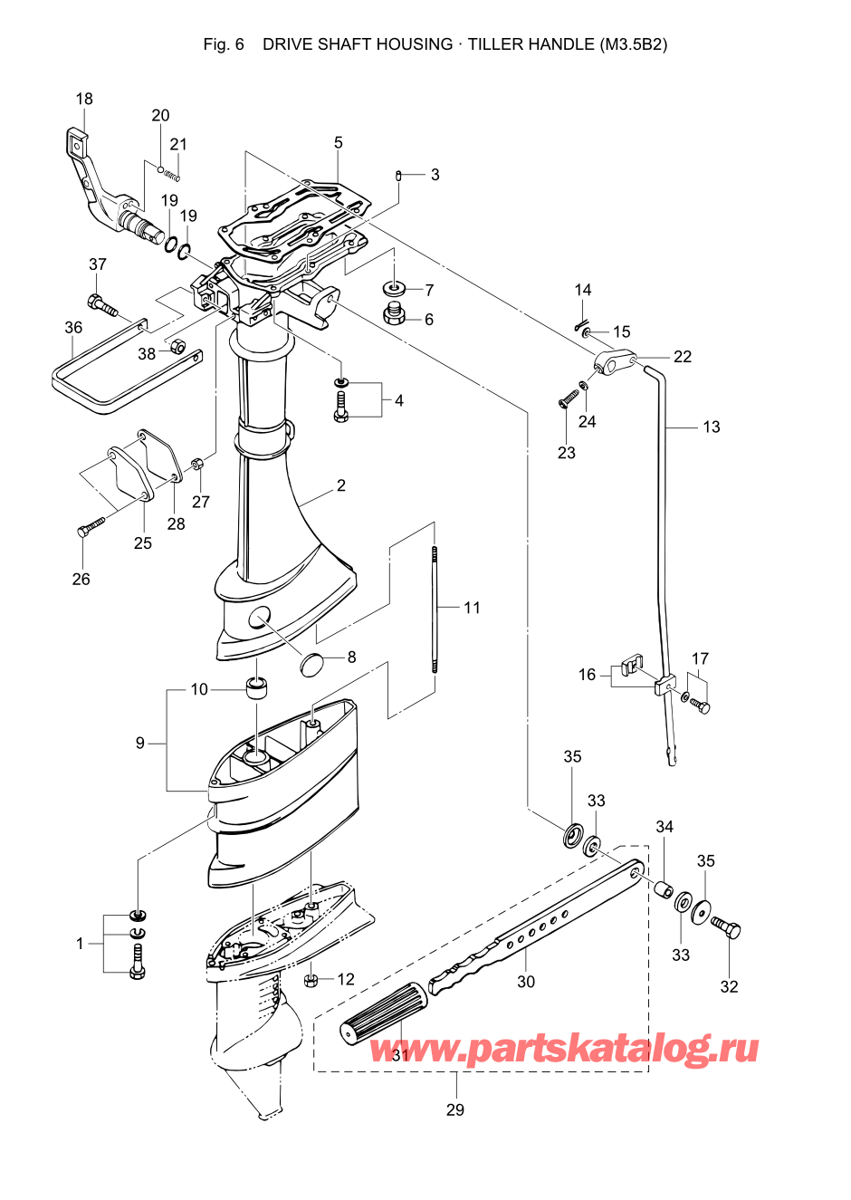 Tohatsu M2.5A2 (002-21040-9) / Fig.06 Корпус вала передачи / Румпель (m3.5b2) 