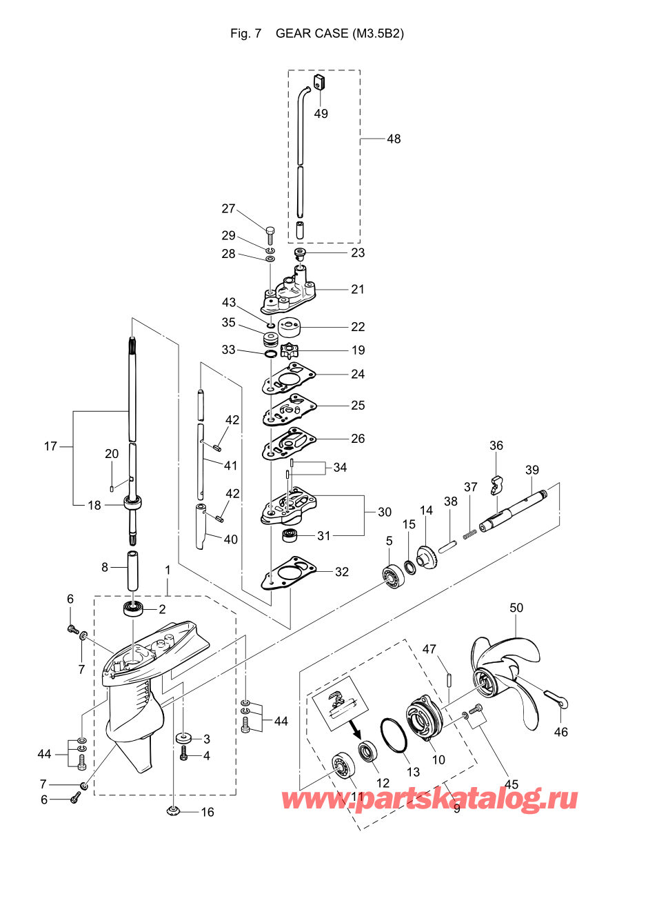 Tohatsu M2.5A2 (002-21040-9) / Fig.07 Картер коробки передач (m3.5b2) 