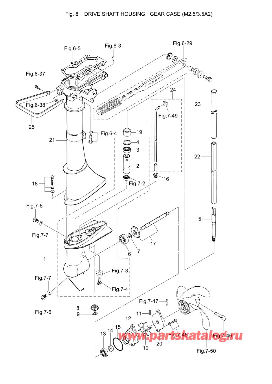 Tohatsu M2.5A2 (002-21040-9) / Fig.08 Корпус вала передачи / Картер коробки передач (m2.5 / 3.5a2) 