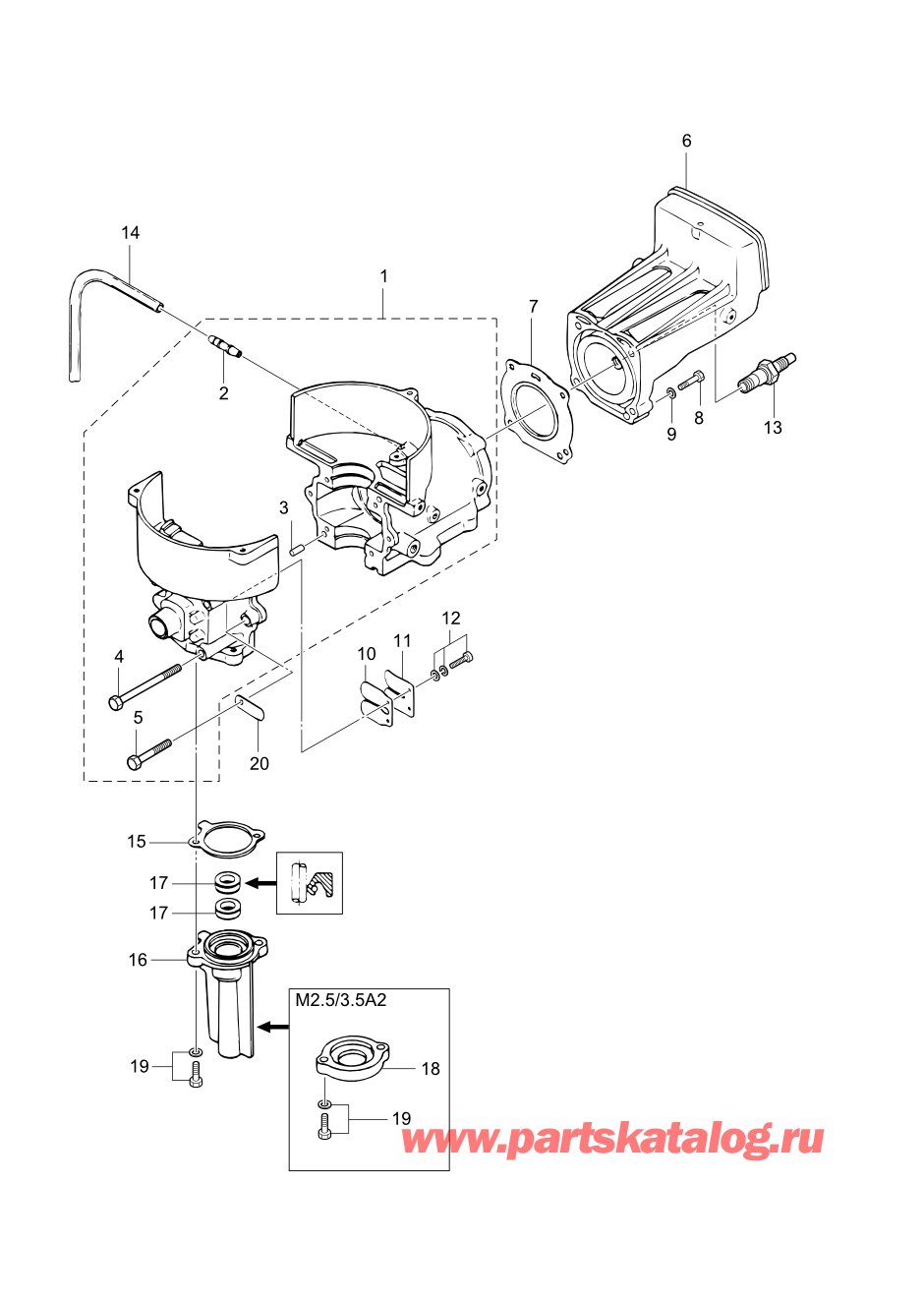 Tohatsu M2.5A2 (002-21040-0AF) / Fig.01 Цилиндр / Кривошип Case 