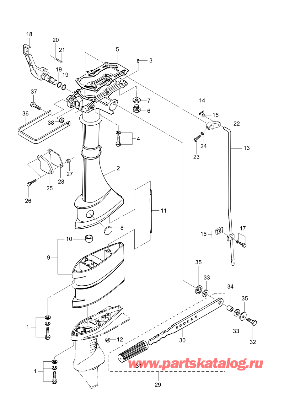 Tohatsu M2.5A2 (002-21040-0AF) / Fig.06 Корпус вала передачи / Румпель (m3.5b2) 