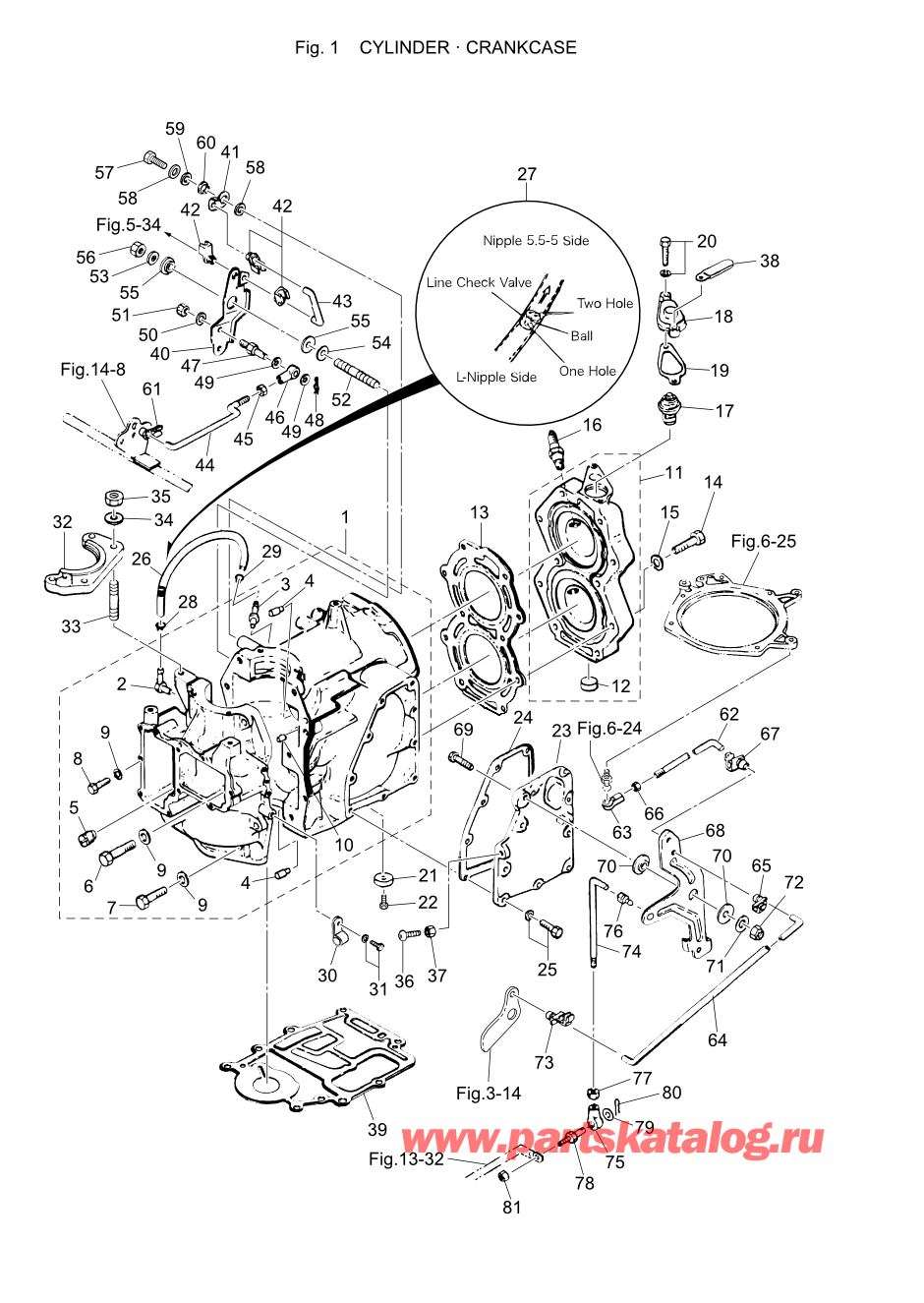 Tohatsu M40C (002-21035-7) / Fig.01 Цилиндр / Кривошип Case 