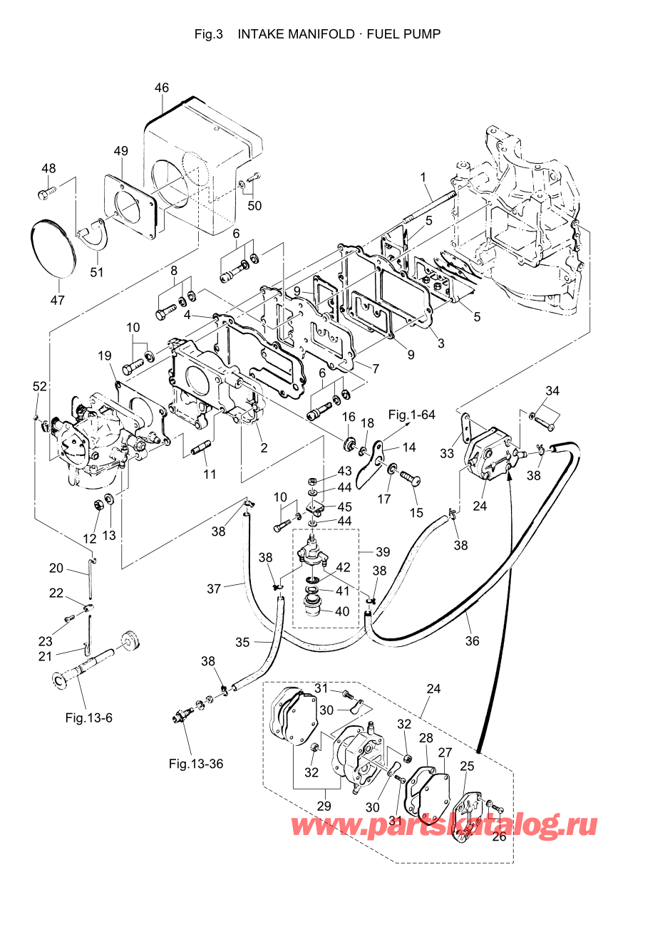 Tohatsu M40C (002-21035-7) / Fig.03 Впускной коллектор / Топливный насос 