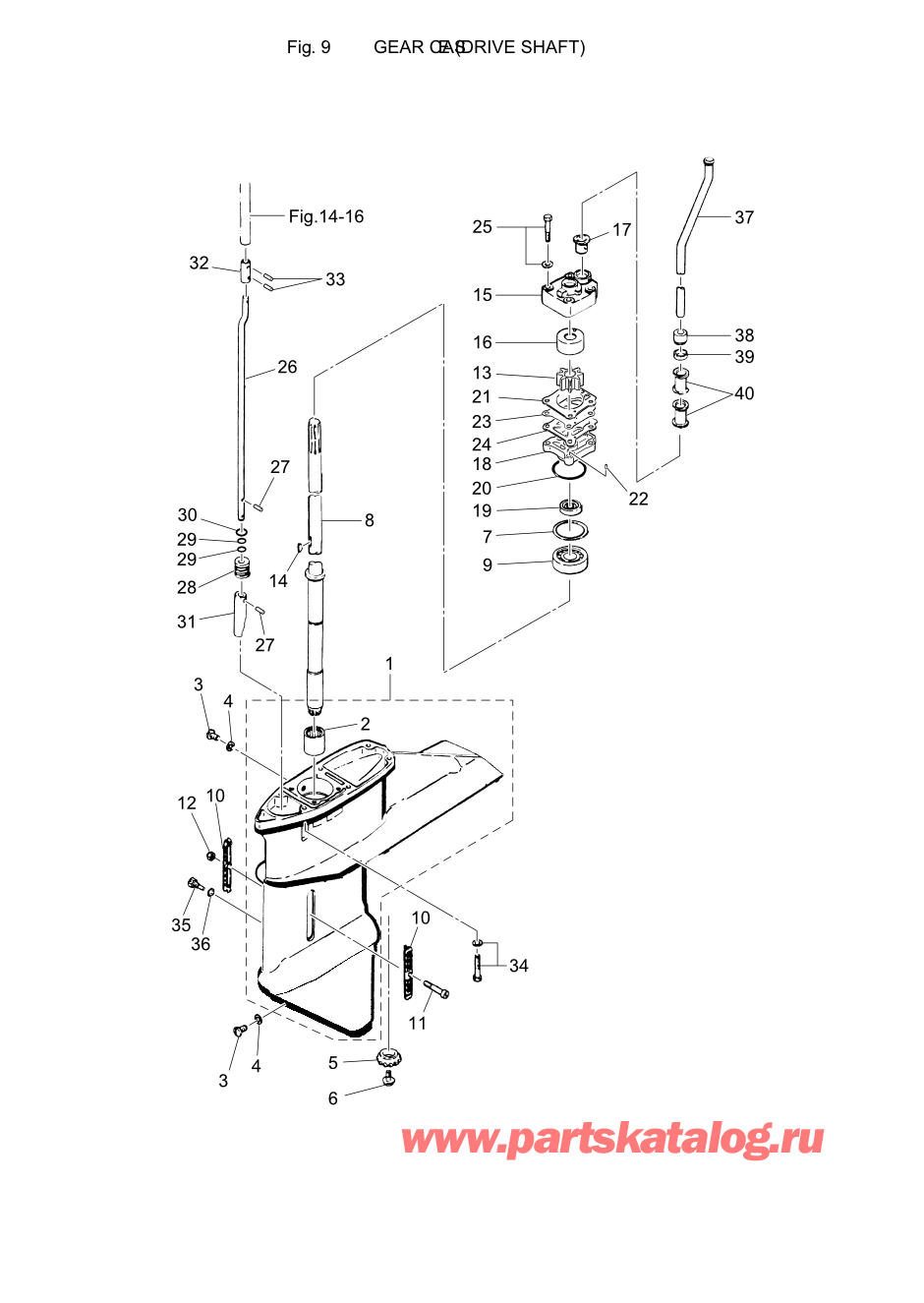 Tohatsu M40C (002-21035-7) / Fig.09 Картер коробки передач (Корпус вала передачи) 