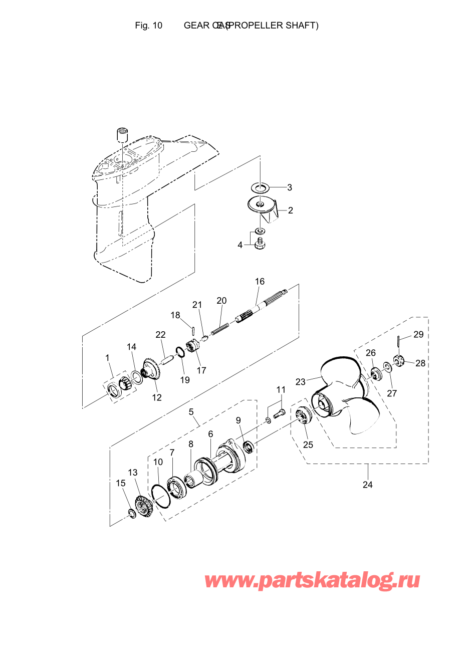 Tohatsu M40C (002-21035-7) / Fig.10 Картер коробки передач (Вал гребного винта) 