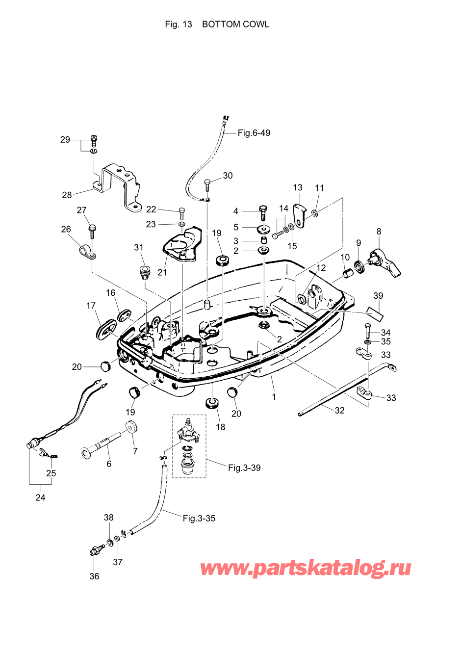 Tohatsu M40C (002-21035-7) / Fig.13 Низ капота 