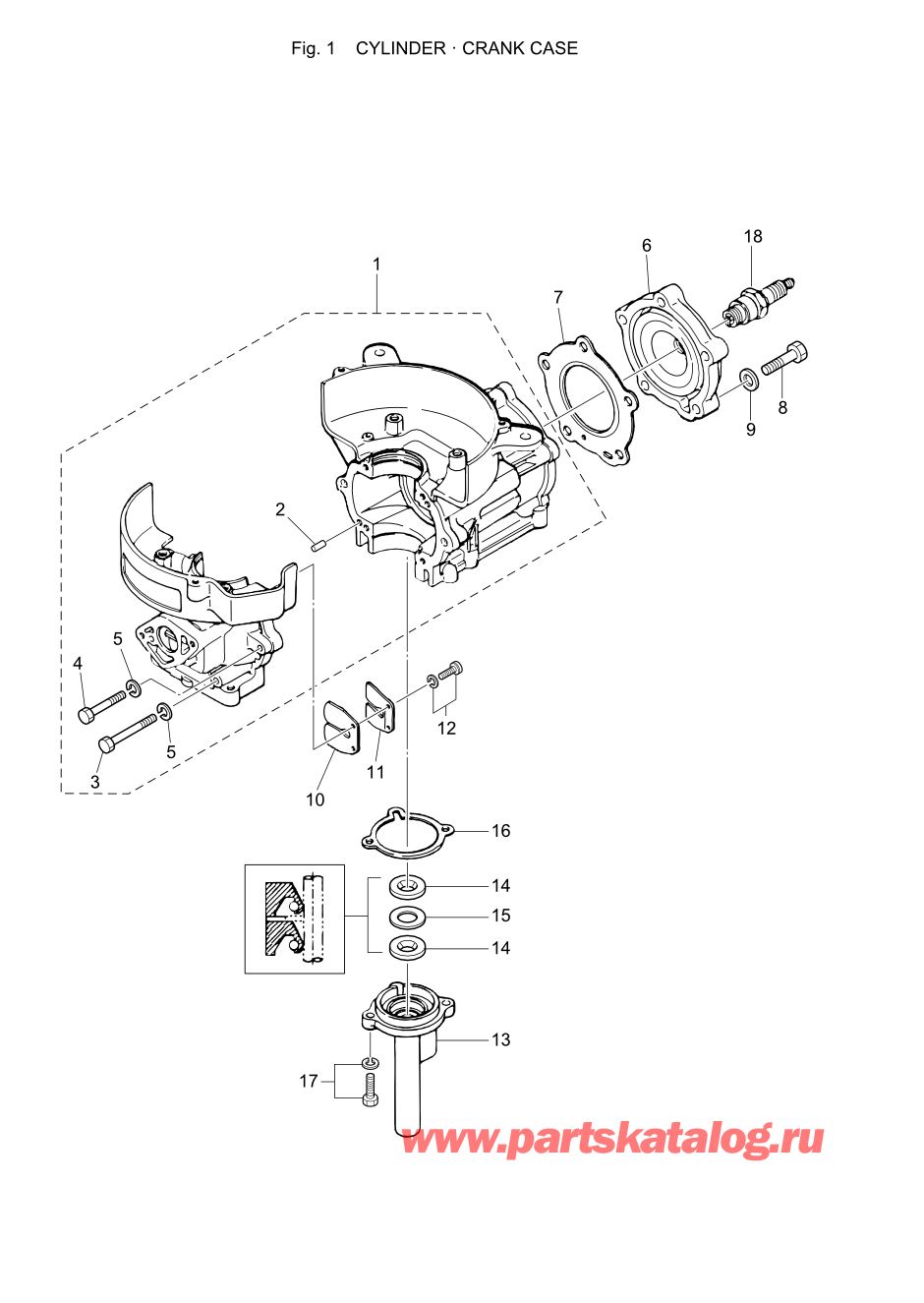 Tohatsu M5B (002-21005-A) / Fig.01 Цилиндр / Кривошип Case 