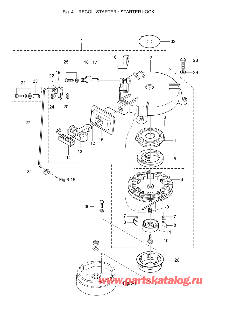 Tohatsu M5B (002-21005-A) / Fig.04 Барабанный стартер / Блокировка стартера 