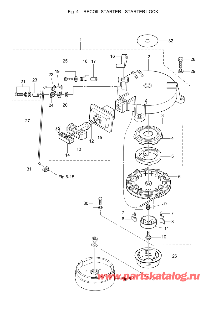 Tohatsu M5B (002-21005-B) / Fig.04 Барабанный стартер / Блокировка стартера 