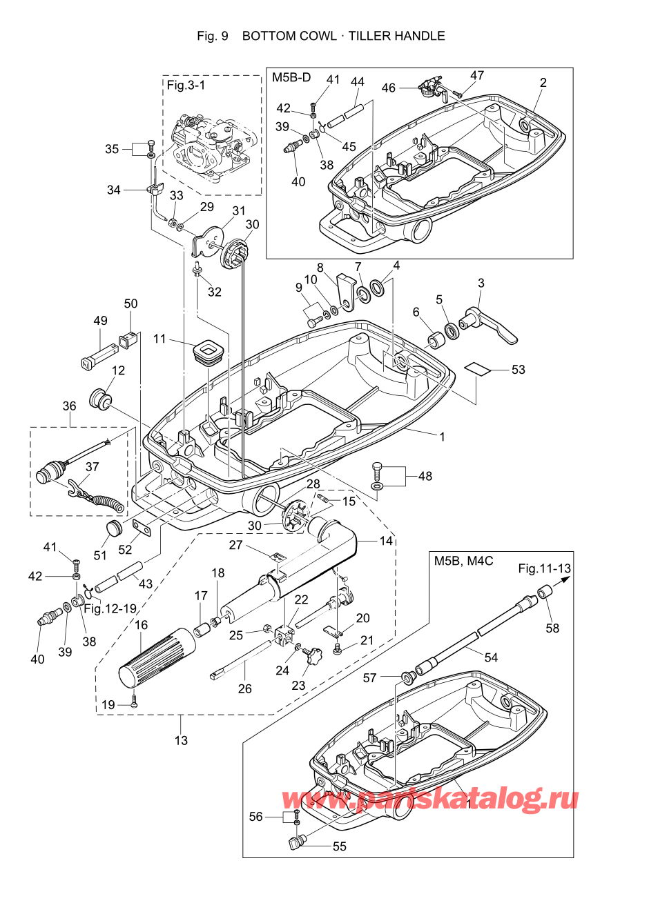 Tohatsu M5B (002-21005-B) / Fig.09 Низ капота / Румпель 