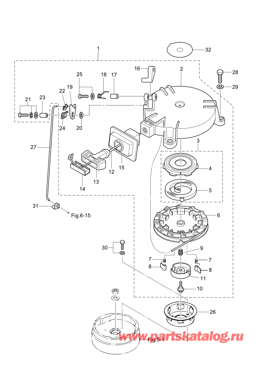 Tohatsu M5B (002-21005-0AG) / Fig.04 Барабанный стартер / Блокировка стартера 