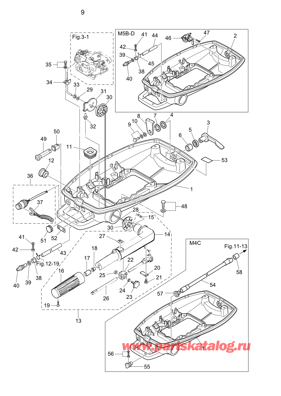 Tohatsu M5B (002-21005-0BA) / Fig.09 Низ капота / Румпель 