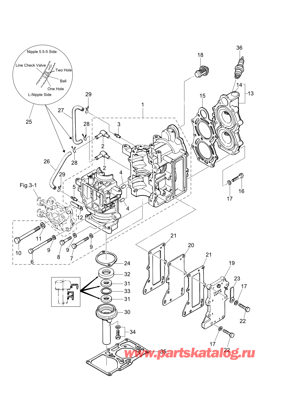 Tohatsu M6B (002-21030-0AK) / Fig.01 Цилиндр / Кривошип Case 