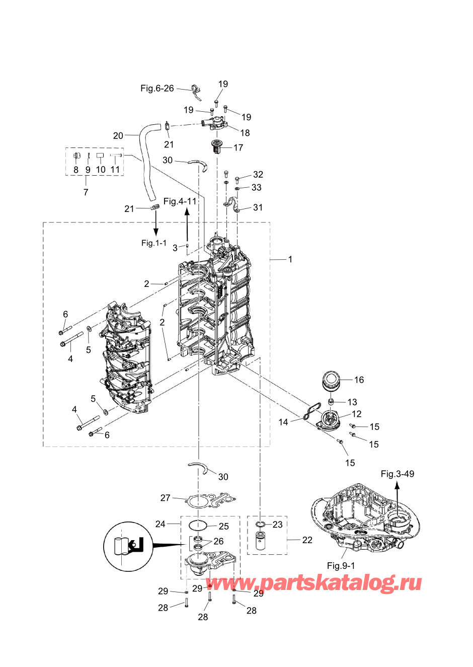 Tohatsu MFS100A (002-21059-0BX) / Fig.01 Цилиндр / Кривошип Case 