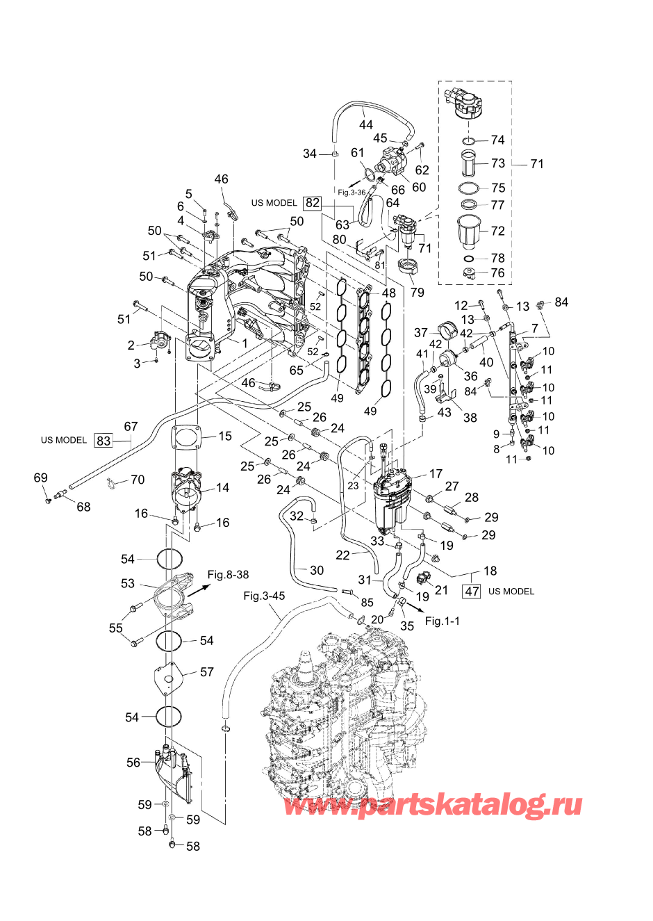 Tohatsu MFS100A (002-21059-0BX) / Fig.05 Впускной коллектор / Топливная система 