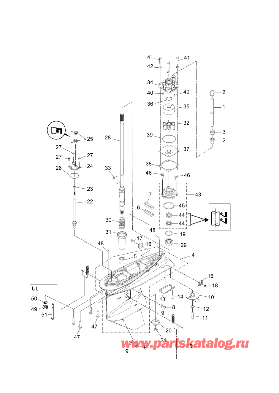 Tohatsu MFS100A (002-21059-0BX) / Fig.10 Картер коробки передач (drivesha футов) 