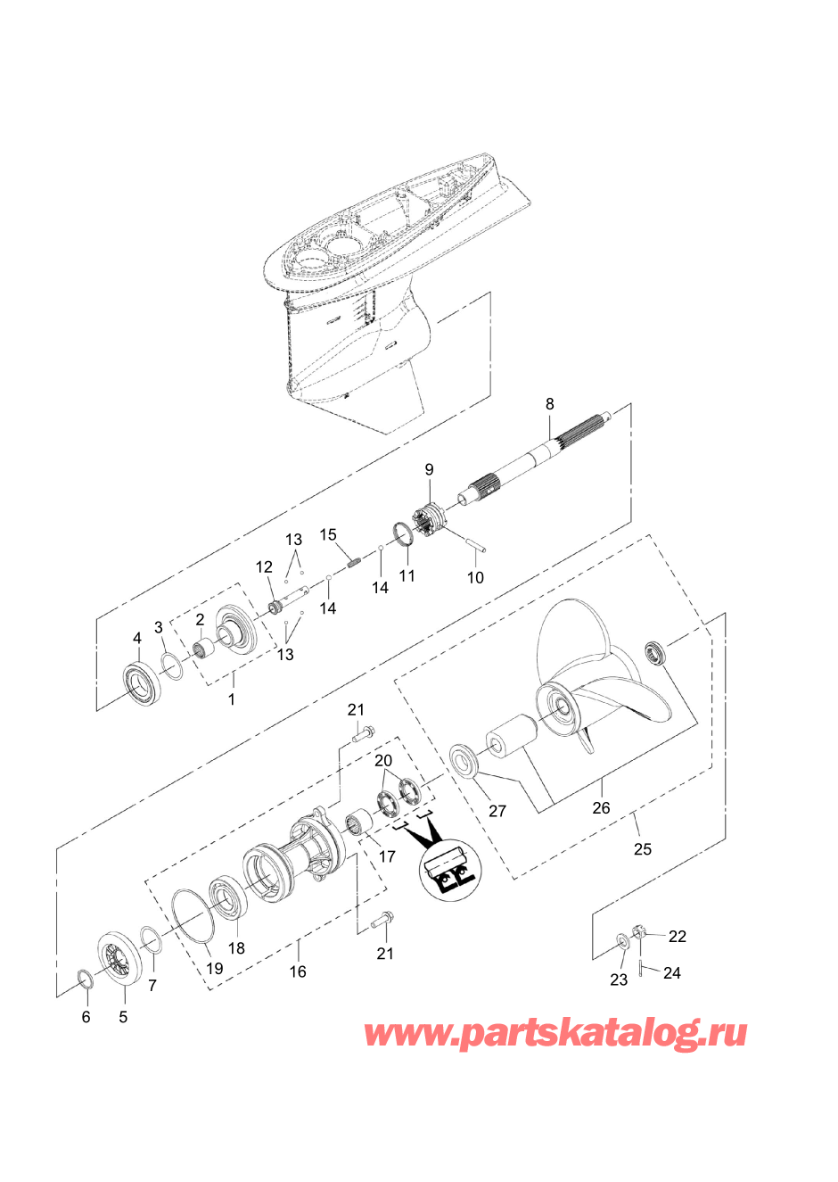 Tohatsu MFS100A (002-21059-0BX) / Fig.11 Картер коробки передач (Вал гребного винта) 