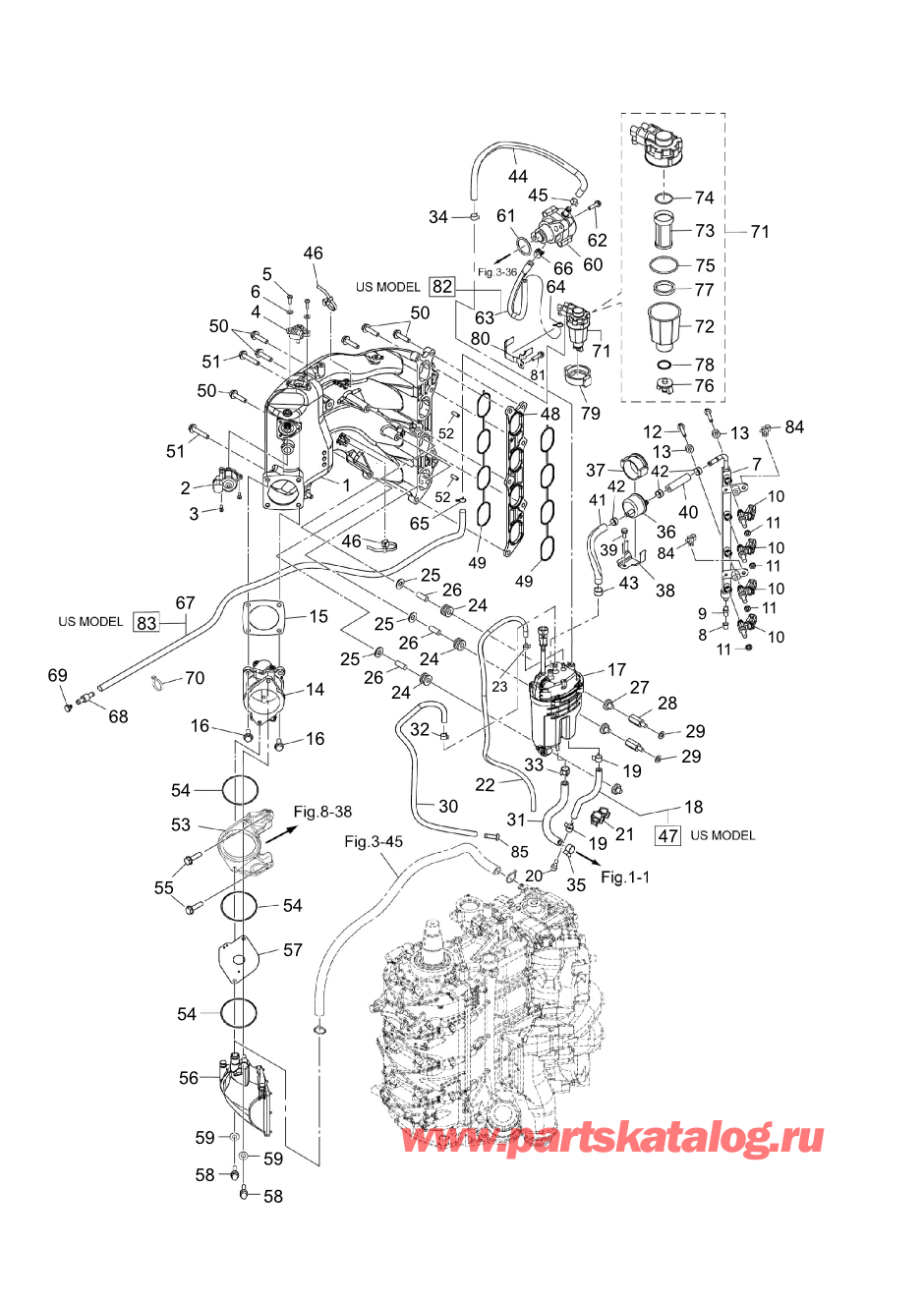 Tohatsu MFS100A (002-21059-1BA) / Fig.05 Впускной коллектор / Топливная система 