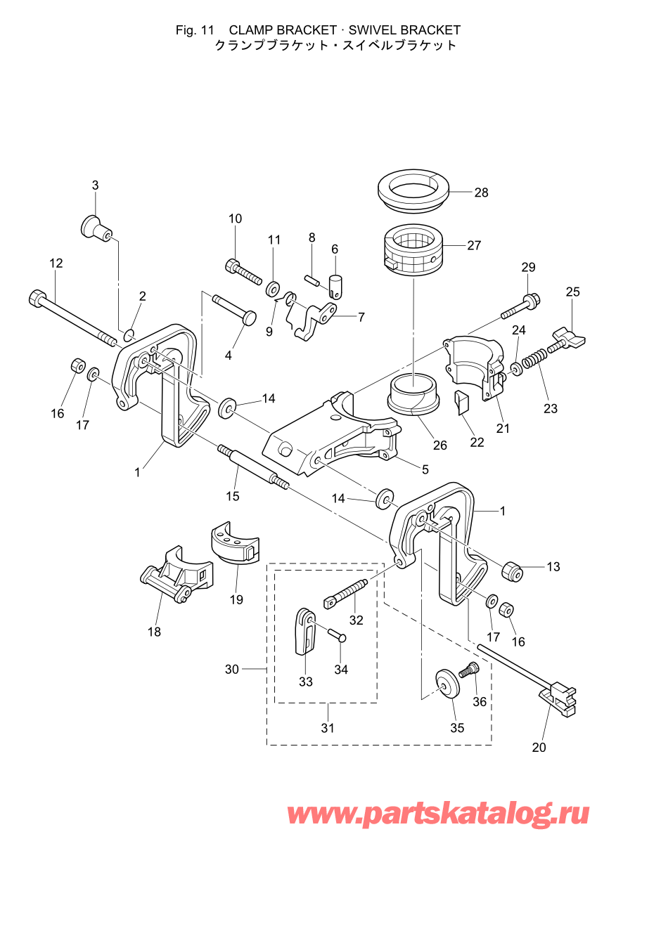 Tohatsu MFS2.5B (002-21052-6) / Fig.11 Кронштейн транца / Поворотный кронштейн 