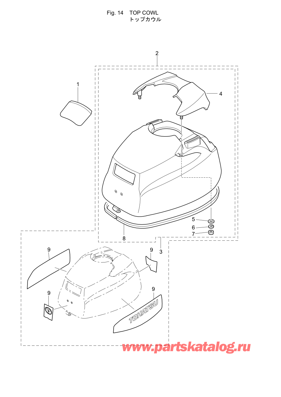 Tohatsu MFS2.5B (002-21052-0AE) / Fig.14 Верх капота 