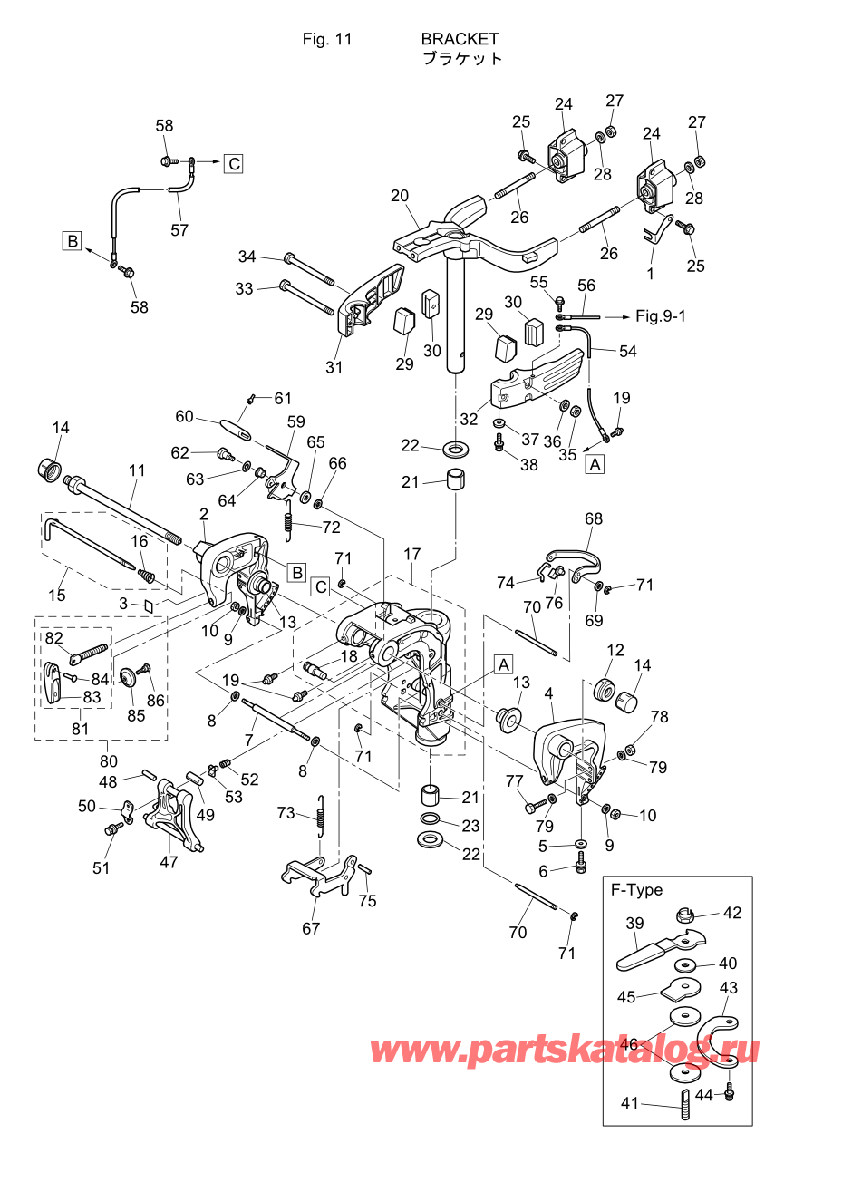 Tohatsu MFS20-C (002-21054-6) / Fig.11 Кронштейн (ручной) 