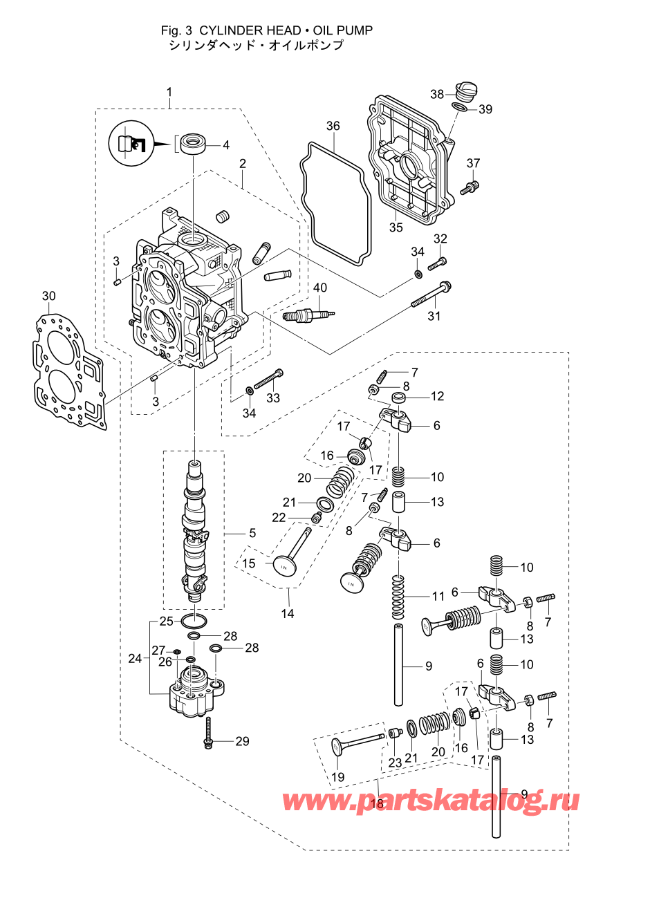 Tohatsu MFS20-D (002-21054-0AE) / Fig.03 Головка блока цилиндра / Масляный насос 