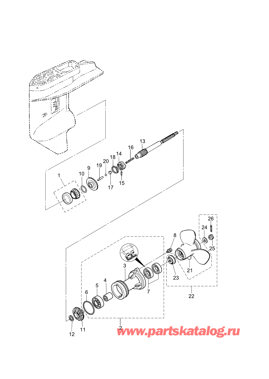 Tohatsu MFS25-C (002-21050-1AH) / Fig.11b Картер коробки передач (Вал гребного винта)