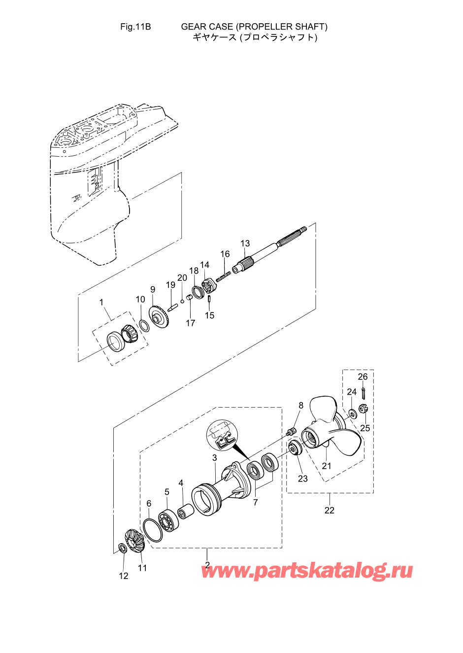 Tohatsu MFS-30C (002-21050-0AD) / Fig.11b Картер коробки передач (Вал гребного винта) 