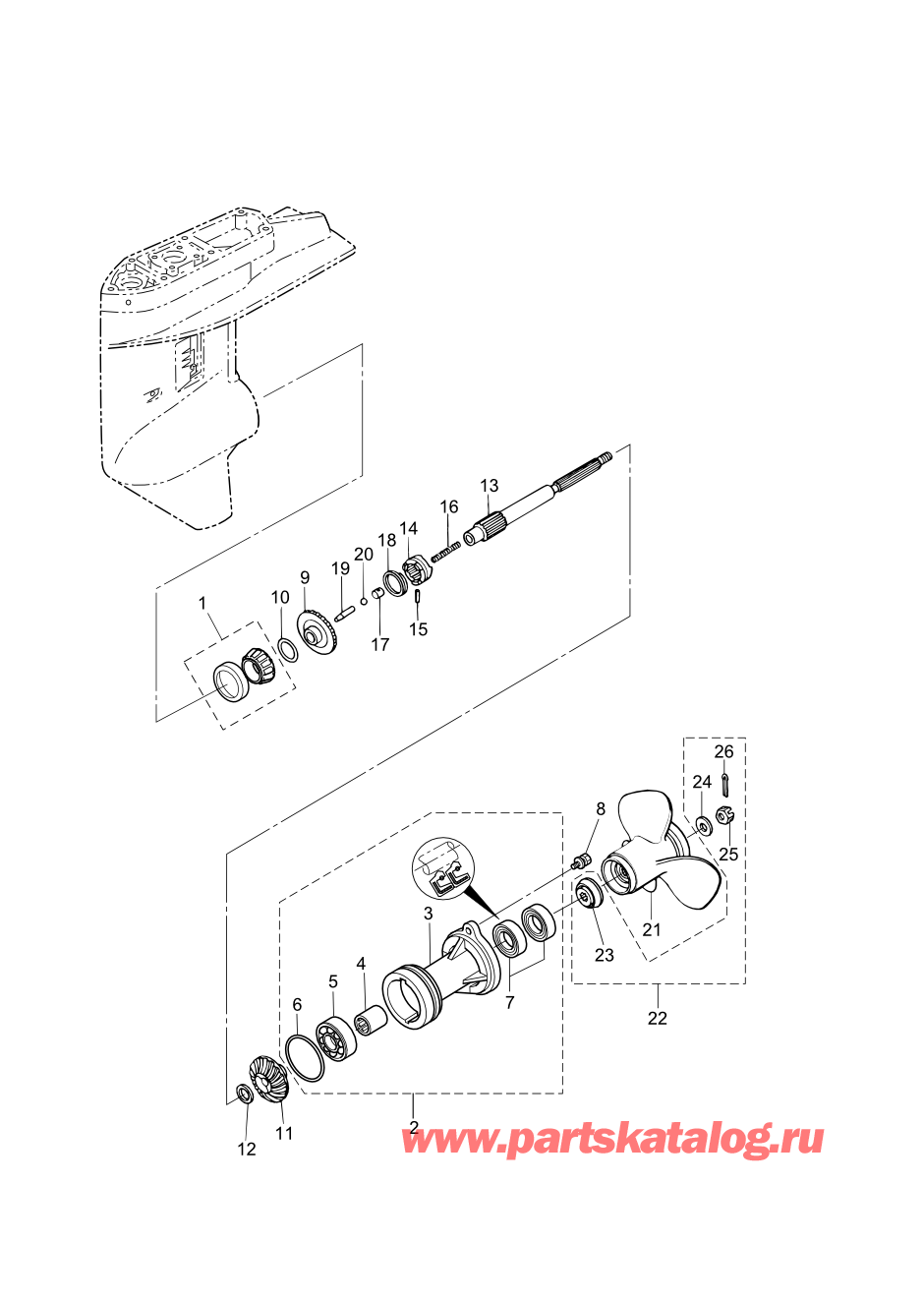 Tohatsu MFS30-C (002-21050-0AF) / Fig.11b Картер коробки передач (Вал гребного винта) 