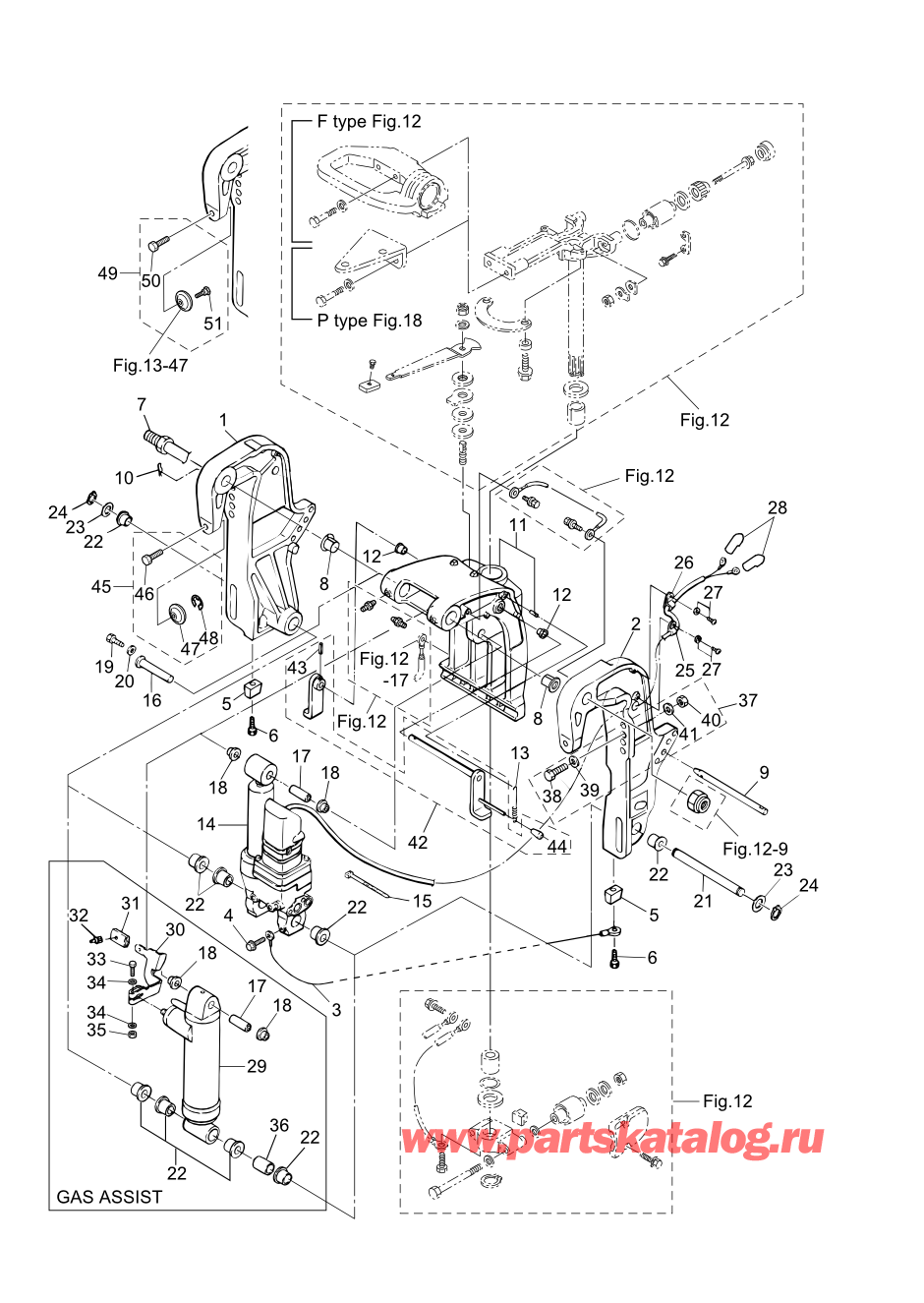 Tohatsu MFS30-C (002-21050-0AK) / Fig.13 Кронштейн (ptt / Gas Assist) 