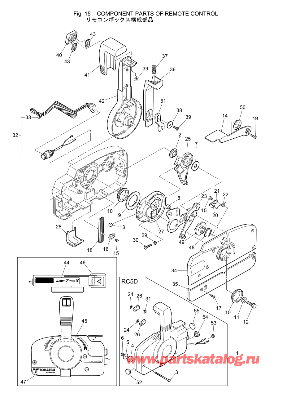 Tohatsu MFS5C (002-21046-A) / Fig.15 детали и запчасти Of Дистанционное управление 