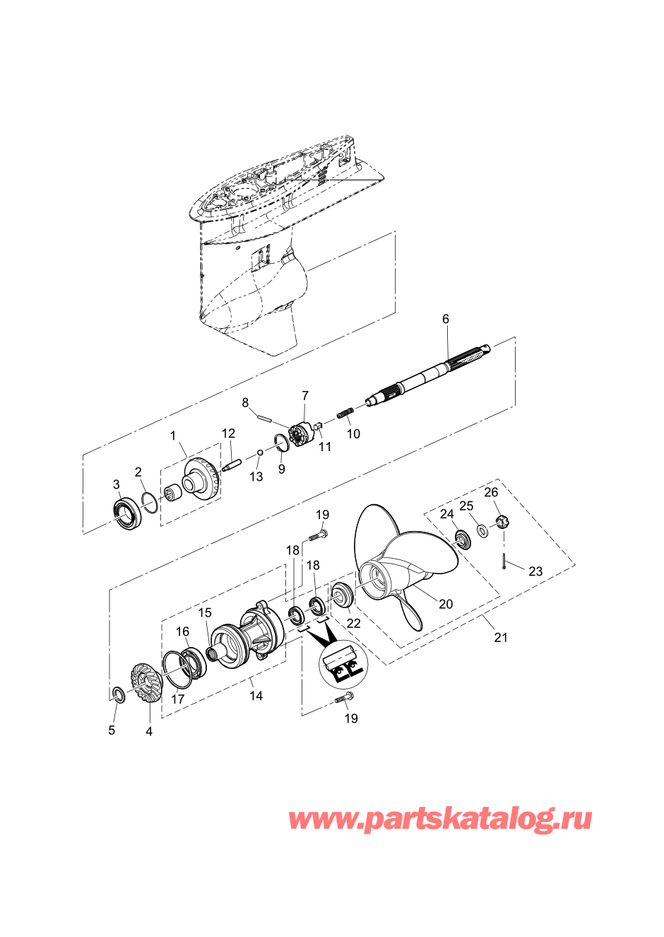 Tohatsu MFS60A (02-21058-0AK) / Fig.12 Картер коробки передач (Вал гребного винта) 