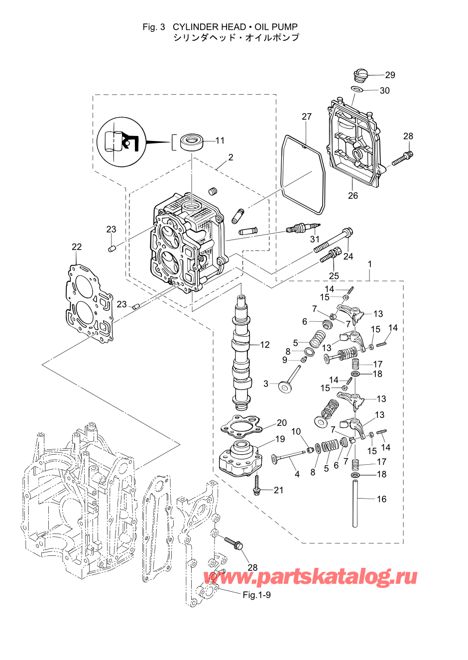 Tohatsu MFS6A3 (002-21051-A) / Fig.03 Головка блока цилиндра / Масляный насос 