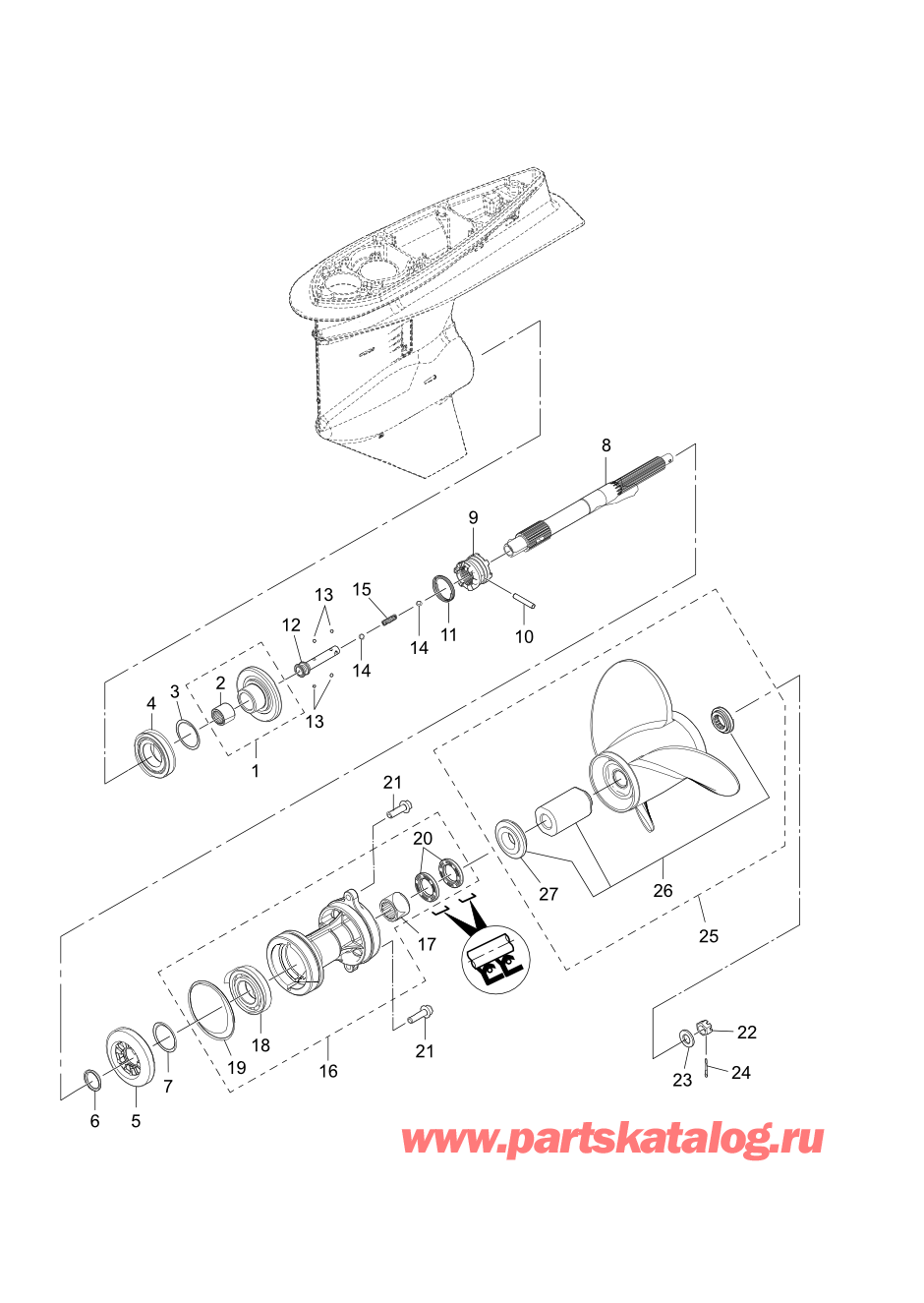 Tohatsu MFS75A (002-21059-1BA) / Fig.11 Картер коробки передач (Вал гребного винта) 