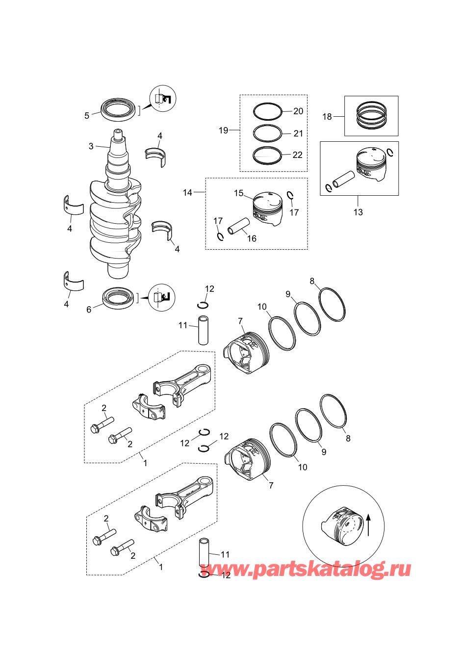 Tohatsu MFS9.9CY EU (002-21061-0BD) / Fig.02 Коленвал и поршень 