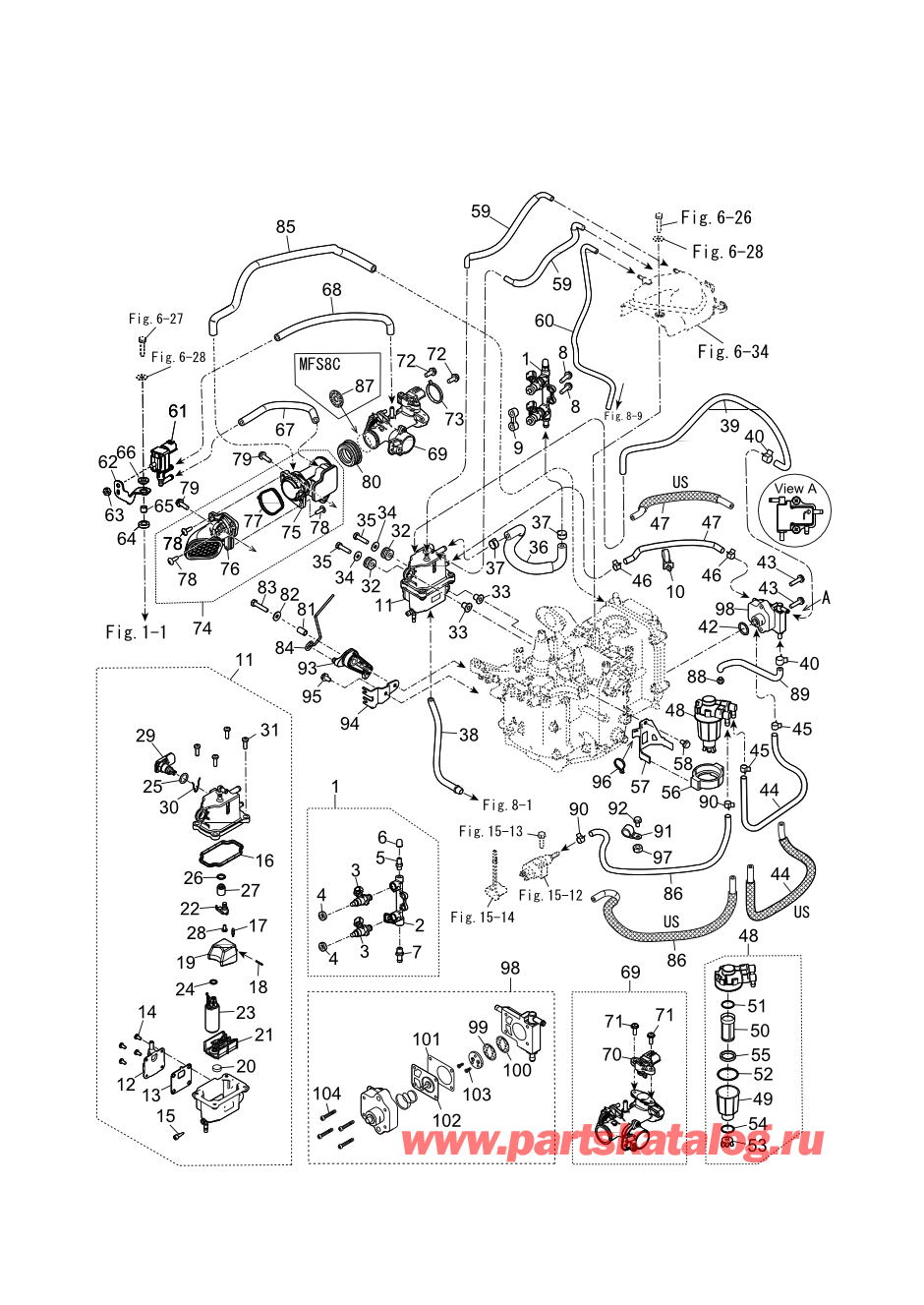 Tohatsu MFS9.9CY EU (002-21061-0BD) / Fig.05 Система впуска и топливный насос 